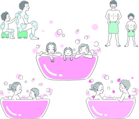 お風呂に入る家族のイラスト素材