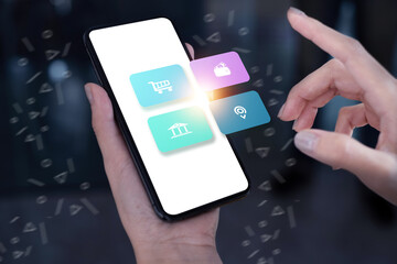 Young freelance using application on smartphone for online shopping or checking stock market. cloud tecnology concept.