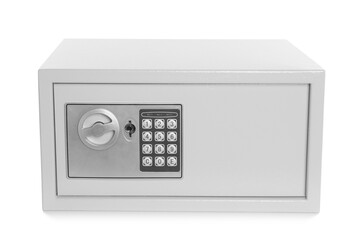 Steel safe with electronic lock on white background