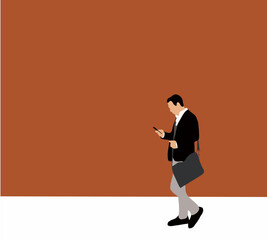 Businessman holding mobile smartphone using app texting sms message on street. Vector flat illustration.