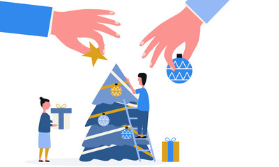 Happy family decorate Christmas tree for holiday celebration winter season