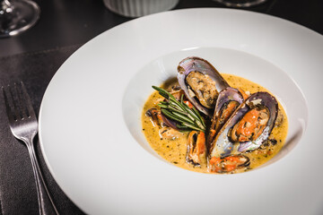 Delicious Contemporary Classic Food Dish Plate Menu Lunch Dinner Gourmet Dessert Chef Pasta Shrimp on the Table