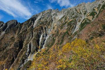 紅葉の北アルプスの絶景トレイル。日本の雄大な自然。