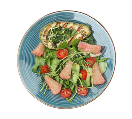 Delicious pomelo salad with grilled avocado on white background, top view