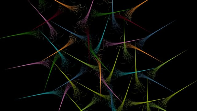 Festive moving shapes and waves in neon style. Digital holographic dance. Multicolored intersecting stripes weave into fancy patterns.