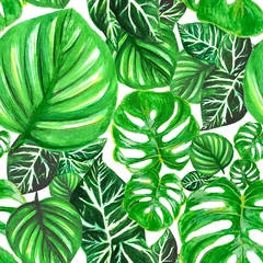Behang aquarel patroon van groene tropische monstera bladeren palmblad wild © Dani Kingdom