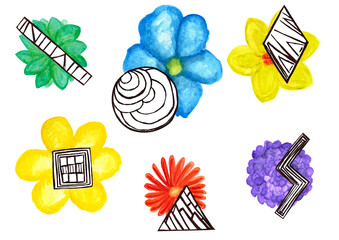 watercolor set colorful flowers with geometric shapes chamomile hydrangea 