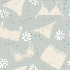 Lingerie seamless pattern. Underwear green background design. Outline hand drawn illustration. Bras and panties doodle style. Fashion feminine wallpaper. Sexy lingerie. Vector illustration.
