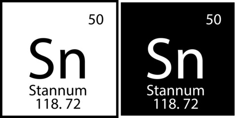 Stannum icon. Chemical sign. Mendeleev table element. White and black squares. Vector illustration. Stock image. 