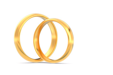 two golden wedding rings on white background. Isolated 3D illustration