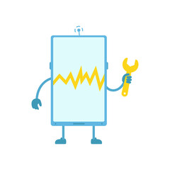 Phone character. Repair service. Failure error. Vector illustration.