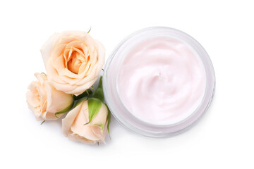 Jar of body cream with rose flowers on white background, top view
