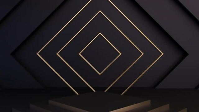 Animated Backdrop stage podium. Realistic clean 3d rendering with gold and black squares. Moving animation of a background. Luxury art deco style template. Geometric advertising platform with zoom