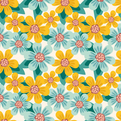 Fototapeta na wymiar Pattern Floral Design Flowers and leaves on Bright Blue Background.