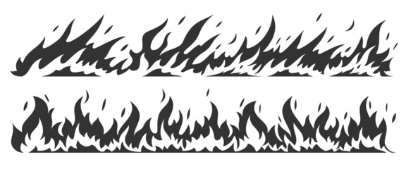 Fototapeta premium Fire bonfire border flames black silhouette set. Stamp flame energy fiery explosion hot outline warning symbols. Collection sign icon danger ignition object forest fires flammable isolated on white