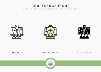 Conference icons set vector illustration with solid icon line style. Online video webinar concept. Editable stroke icon on isolated background for web design, user interface, and mobile app