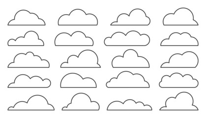 Cloud black line set. Climate weather cloudy icon. Blank form web storage meteorology database. Cartoon sign simple news dialogue banner. Fill sticker image software thin stroke isolated on white