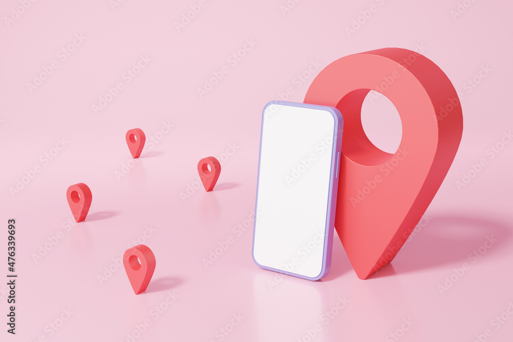 Poster smartphone white screen with pin pointer on pink background isometric. gps location concept. minimal