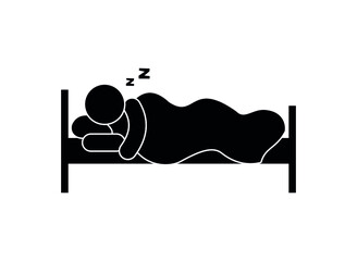 sleeping man icon, sound sleep in bed, stick figure man resting, isolated pictogram - obrazy, fototapety, plakaty