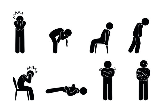 Symptoms of various diseases. Pain, nausea, weakness, convulsions and allergies illustration. Stick figure man sick icon.