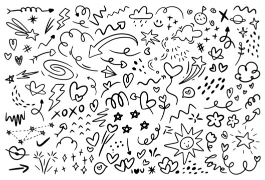 Big Set of Abstract Hand Drawn Doodles. Arrow, Heart, Cloud, Sun, Star Line art