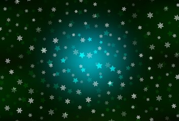 Dark Green vector background with beautiful snowflakes, stars.