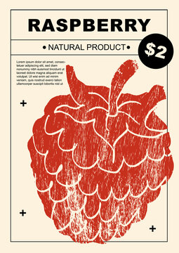 Raspberry. Set of posters of fruits and berries in a abstract draw design. Label or poster, price tag. Simple, flat design. Patterns and backgrounds. Perfect for poster, cover, banner.