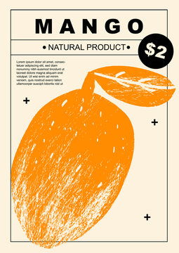 Mango. Set of posters of fruits and vegetables in a abstract draw design. Label or poster, price tag. Simple, flat design. Patterns and backgrounds. Perfect for poster, cover, banner.