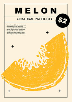 Melon. Set of posters of fruits and vegetables in a abstract draw design. Label or poster, price tag. Simple, flat design. Patterns and backgrounds. Perfect for poster, cover, banner.