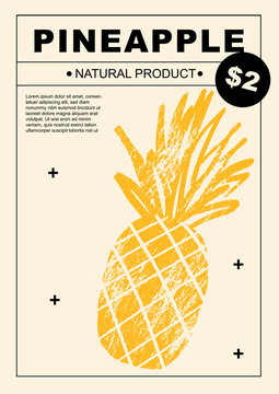 Pineapple. Set of posters of fruits and vegetables in a abstract draw design. Label or poster, price tag. Simple, flat design. Patterns and backgrounds. Perfect for poster, cover, banner.