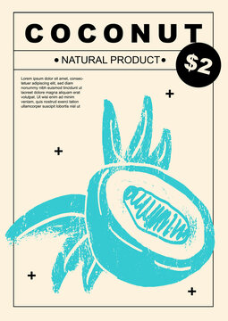 Coconut. Set of posters of fruits and vegetables in a abstract draw design. Label or poster, price tag. Simple, flat design. Patterns and backgrounds. Perfect for poster, cover, banner.