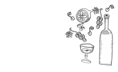 wine glasses and fruit vector hand-drawn with space for text