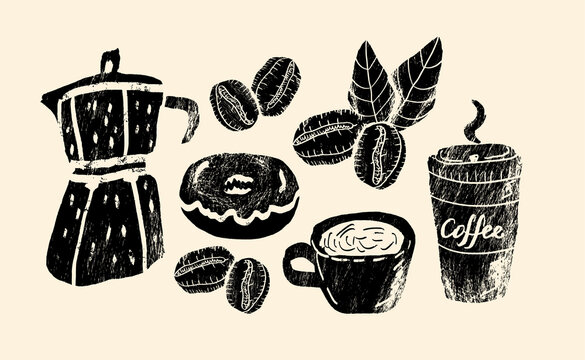 Set of coffee beans, donut, plastic cup and сezve in graphic style hand drawn vector illustration.
