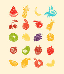 Fruits and berries abstract illustration. Flat vector. Fruit icons, drawn style.
