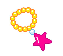 Bracelet made of yellow pearls with a pink star pendant. Vector illustration of an accessory in a cartoon children's style. Isolated cute clipart on a white background. Colored art with an outline.