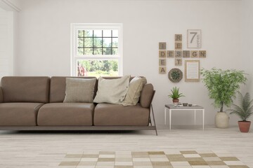 Minimalist living room in white color with sofa and summer landscape in window. Scandinavian interior design. 3D illustration
