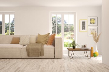 Minimalist living room in white color with sofa and summer landscape in window. Scandinavian interior design. 3D illustration