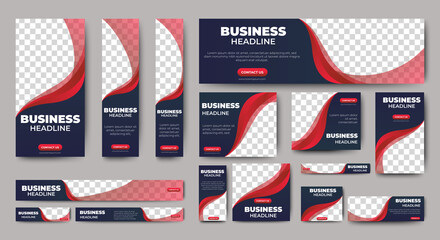 set of creative web banners of standard size with a place for photos. Gradient black and red. Business ad banner. Vertical, horizontal and square template.