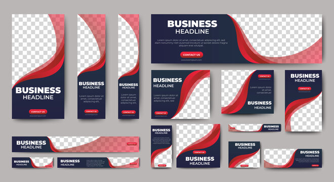 set of creative web banners of standard size with a place for photos. Gradient black and red. Business ad banner. Vertical, horizontal and square template.