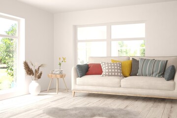 Stylish room in white color with sofa and summer landscape in window. Scandinavian interior design. 3D illustration