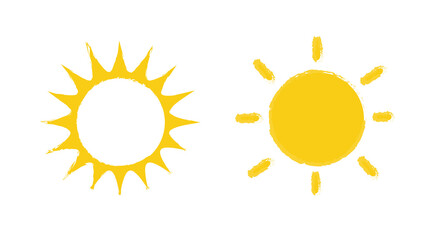 Set of yellow sun icons isolated on white background. Sunshine, Sunset, Summer. Vector illustration.