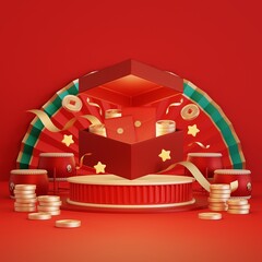 Chinese new year background for social media posts with podium for product display. 3d rendering.