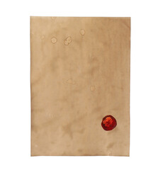 Sheet of old parchment paper with wax stamp isolated on white. Space for design