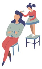 Daughter playing with mom, brushing hair vector