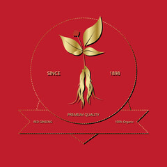Korean or Chinese red ginseng root, Text label in Korean cultivated ginseng. Ginseng symbol for Korean cosmetics, Chinese medicine, food products, tea packages. Vector illustration