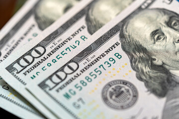US $ 100 bill detail. Macrophotography. Close up. Point focus