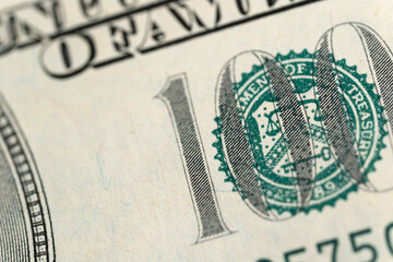 US $ 100 bill detail. Macrophotography. Close up. pointfocus.