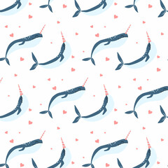 Vector seamless pattern with two narwhals and hearts. Childish cute pattern with narwhals.