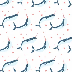 Wallpaper murals Out of Nature Vector seamless pattern with two narwhals and hearts. Childish cute pattern with narwhals.