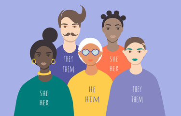 vector illustration on the theme of gender diversity, people with non-binary gender identity, transgender people. people and pronouns. trend illustration in flat style - obrazy, fototapety, plakaty